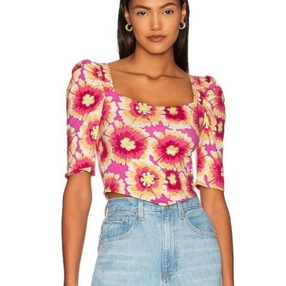 Free People Give Me More Floral Puff Sleeve Crop Top in Pop Combo size L NWT - Picture 1 of 8